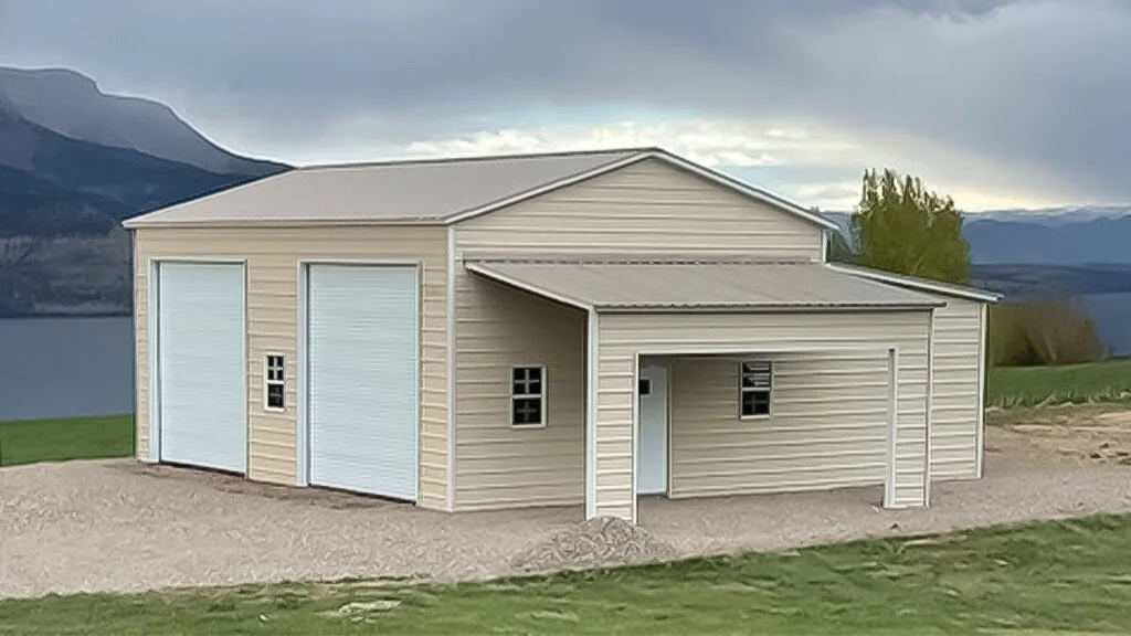 Two-bay metal garage with attached carport, beige siding, tan roof, and gravel driveway, set in a rural landscape.