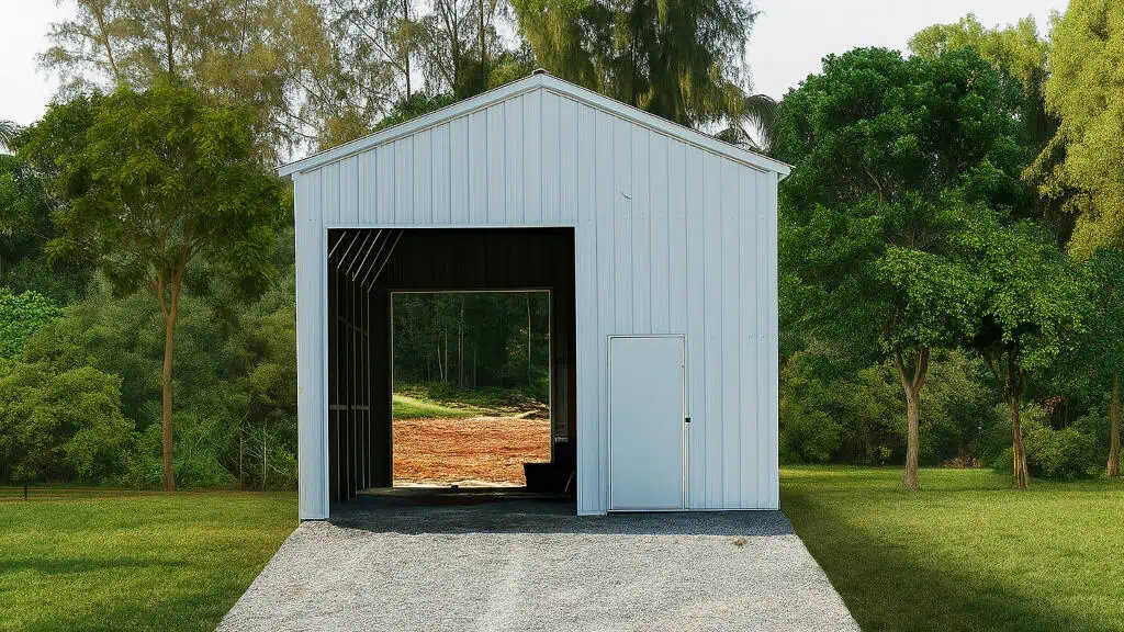 White shed with open front on gravel path, surrounded by trees.