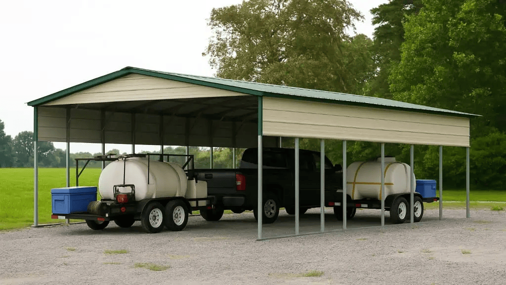 Truck and trailers parked under a metal carport. White tanks, blue containers. Gravel parking area.