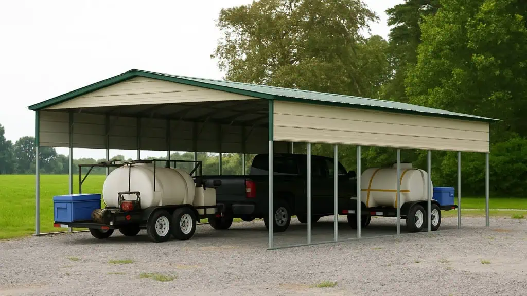 A black truck parked under a tan carport with two white tanks on trailers; gravel ground, green grass.