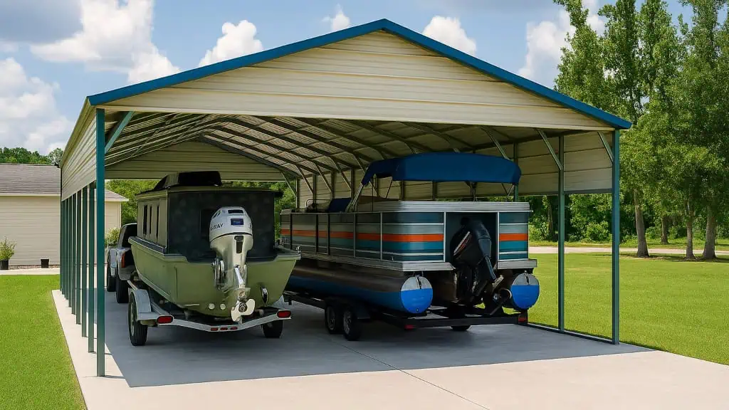 Two boats under a green and tan metal carport in a grassy yard on a sunny day.