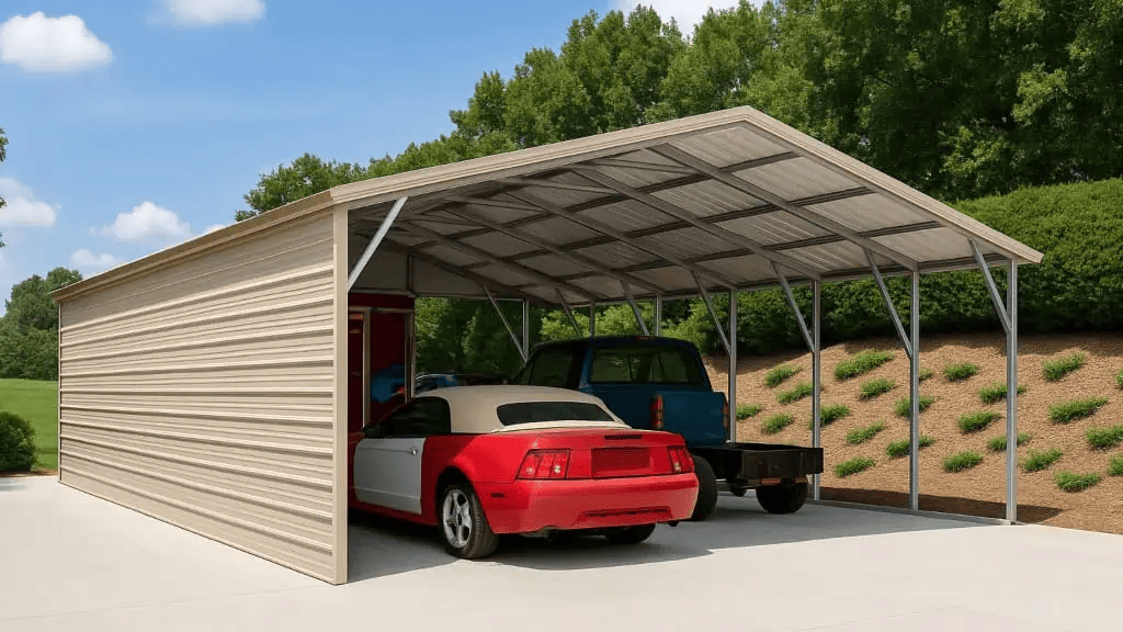 Tan metal carport with two vehicles parked inside on a driveway.