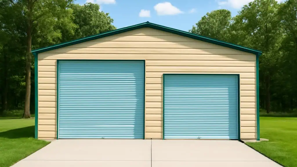 Tan garage with two light blue roll-up doors, on concrete driveway, green trim, blue sky.