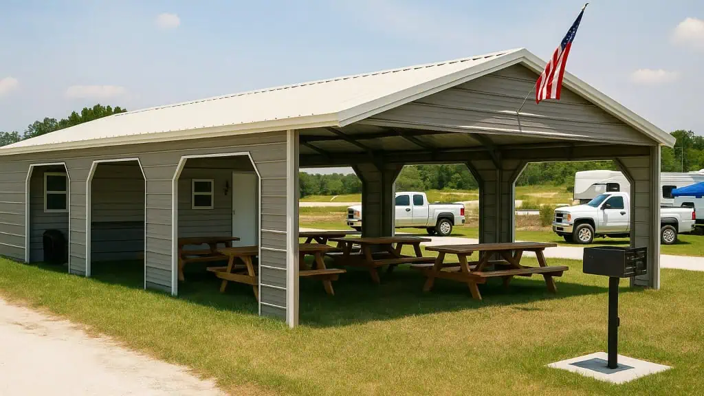 Picnic shelter with picnic tables, US flag, and parked trucks on a grassy area.