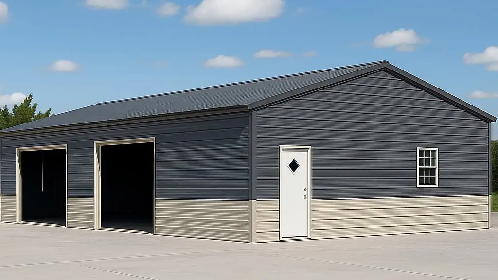 Two-bay steel garage with a dark blue upper section, beige lower section, white door, and window on a sunny day.