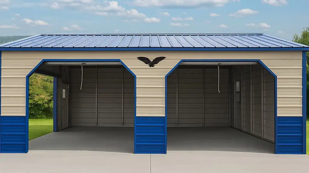 Two-bay metal garage with blue trim and roof; tan walls, eagle silhouette above doors; concrete floor.