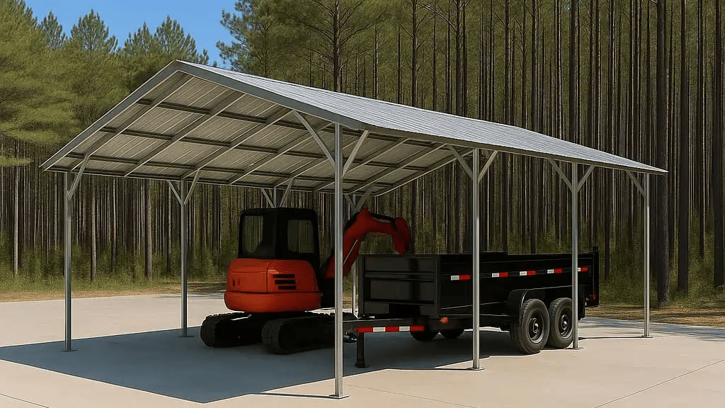 A metal carport shelters an orange excavator and black trailer on a concrete pad, forest background.