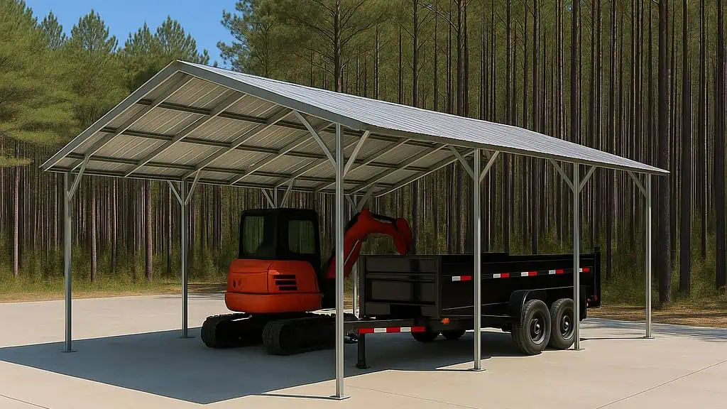Metal carport shelters an orange excavator and black trailer. The setting is a forest.