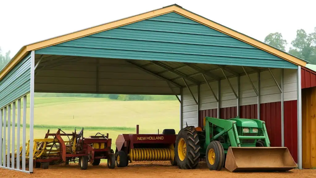Farm equipment under a green and beige metal shed, on a farm.