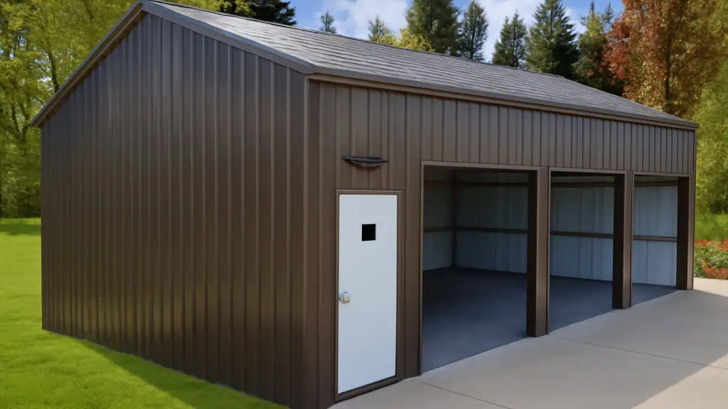 Brown metal garage with two bays and a white door; setting is outdoors on grass.
