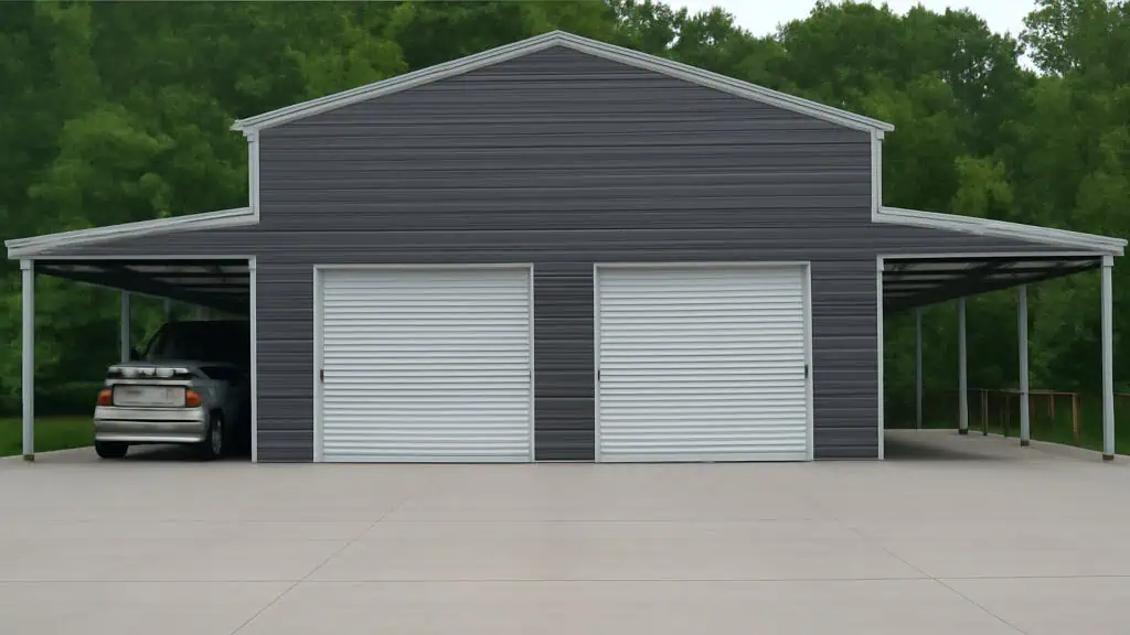 Dark grey metal building with two garage doors and carports, on a concrete slab, car parked on the left.