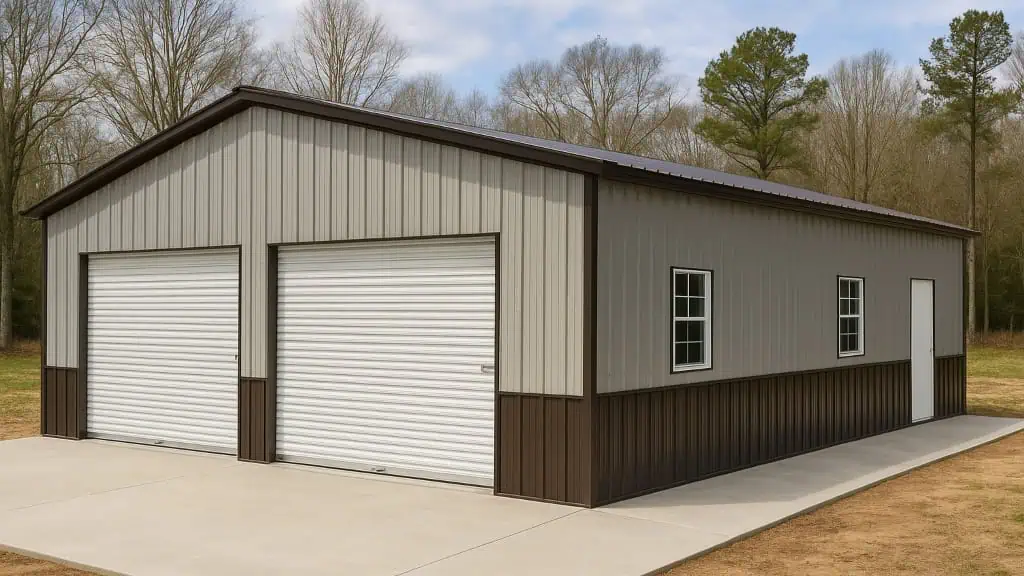 Tan and brown metal garage with two roll-up doors and windows, on a concrete pad.