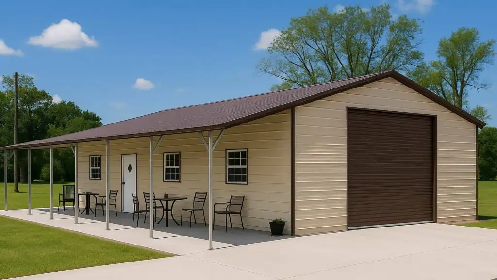 Tan and brown metal building with porch, garage door, and chairs outside on a sunny day.