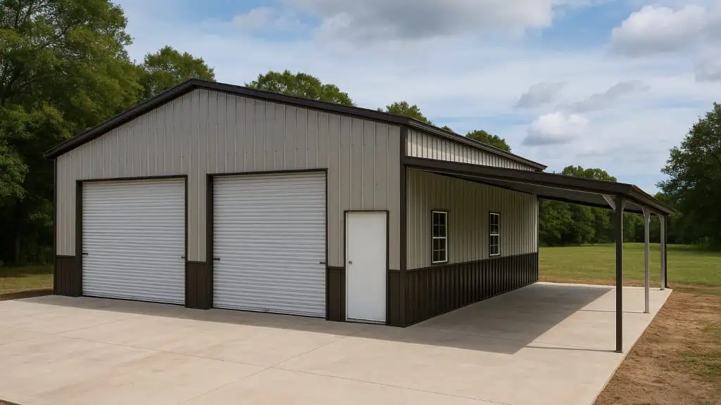 Metal garage with two doors, a side door, and a carport. Beige and brown siding on a concrete pad.