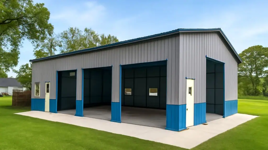 Three-bay metal garage with blue accents, gray walls, and white doors set on a concrete pad, in a grassy yard.