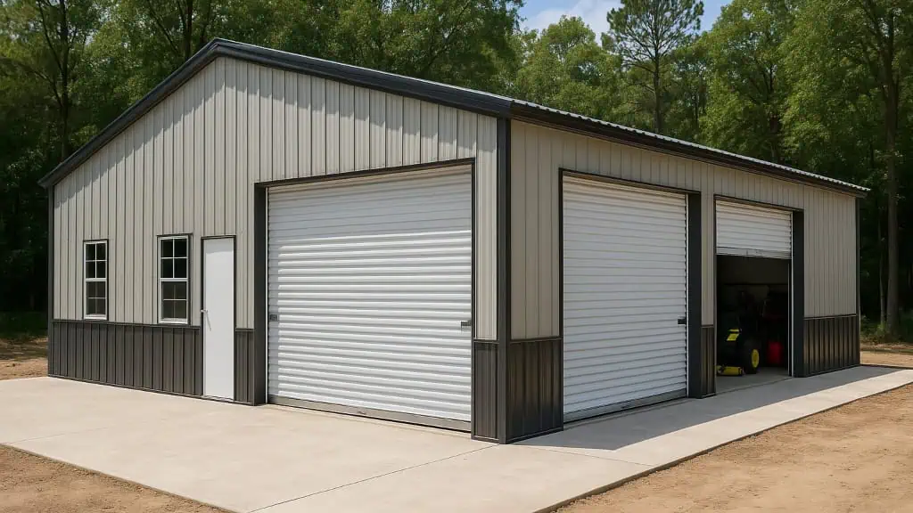 Metal building with gray siding, garage doors, and concrete foundation.