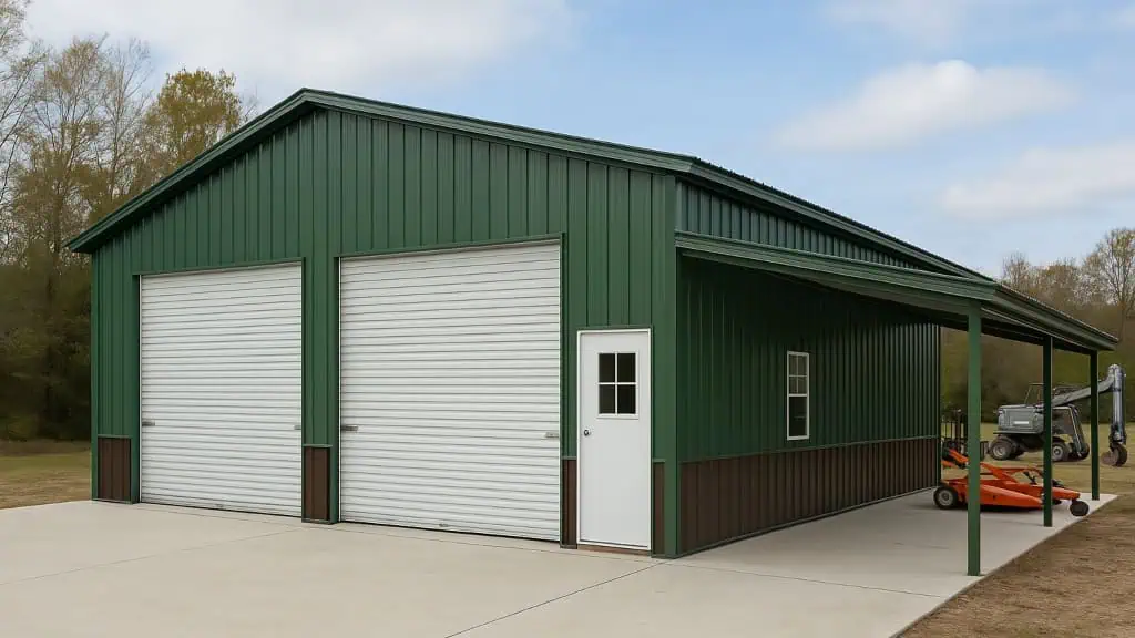 Green and brown metal garage with white garage doors and a carport.