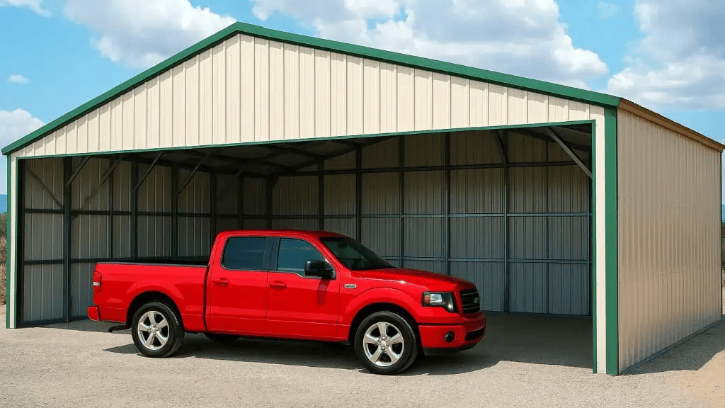Red pickup truck parked inside a beige and green metal garage.