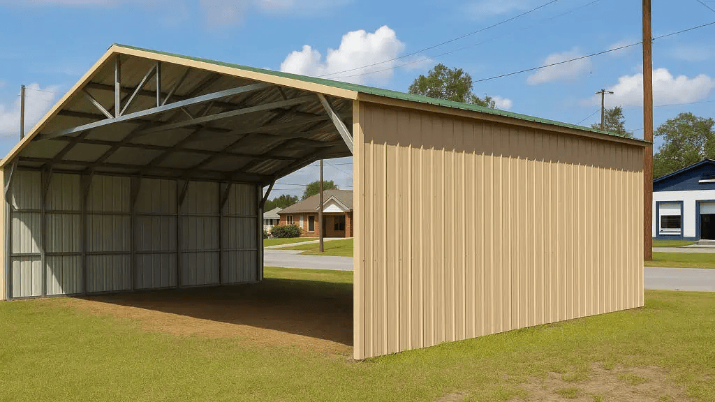 Tan metal carport with green roof, set on grass, with blue sky and houses in background.