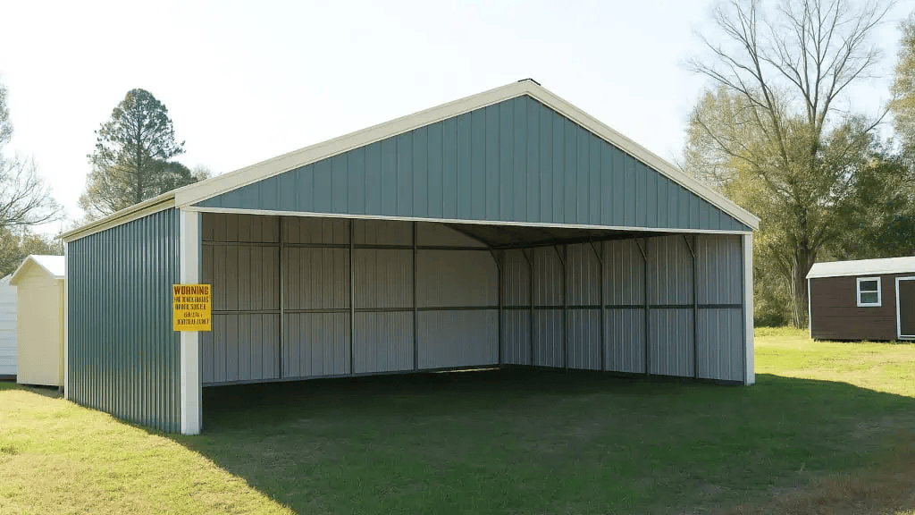 Green metal carport with open front, beige trim, and lawn setting.