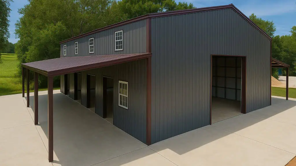 Gray metal building with brown trim and porch, windows, and open garage door.