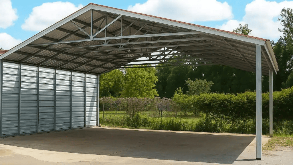 Metal carport with corrugated siding and roof in front of a green, tree-filled background.