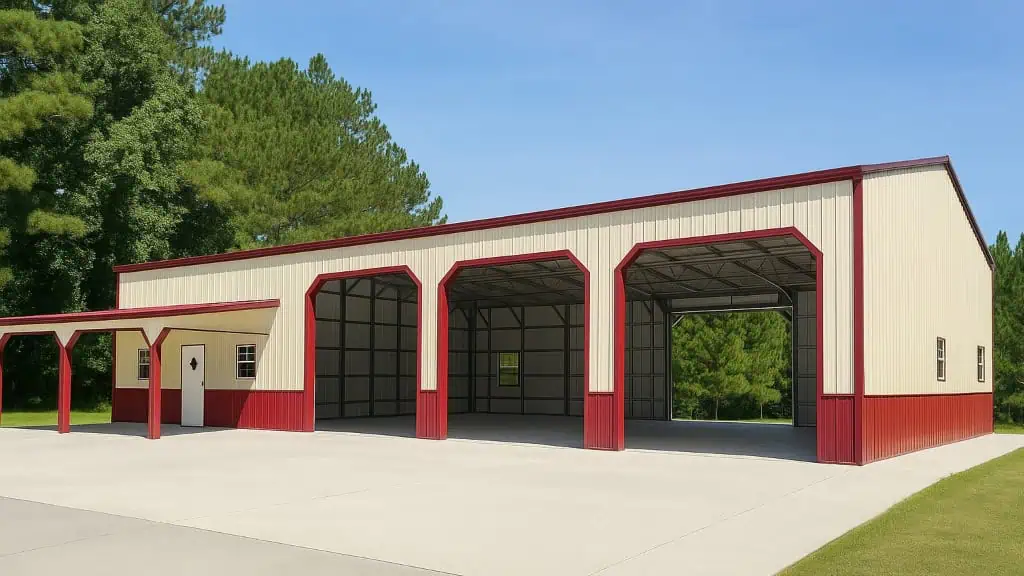 Tan and red metal building with three bays and a small covered porch, in a wooded area.