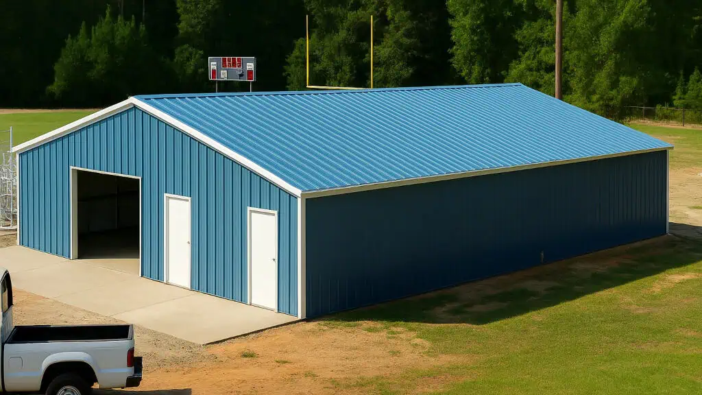 Blue metal storage building with white doors and trim, on a grassy field.