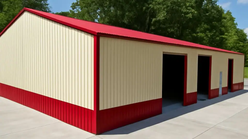 Tan and red metal building with three garage door openings, red roof, and concrete slab.