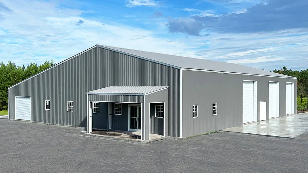 Gray metal industrial building with a covered entrance and multiple garage doors.