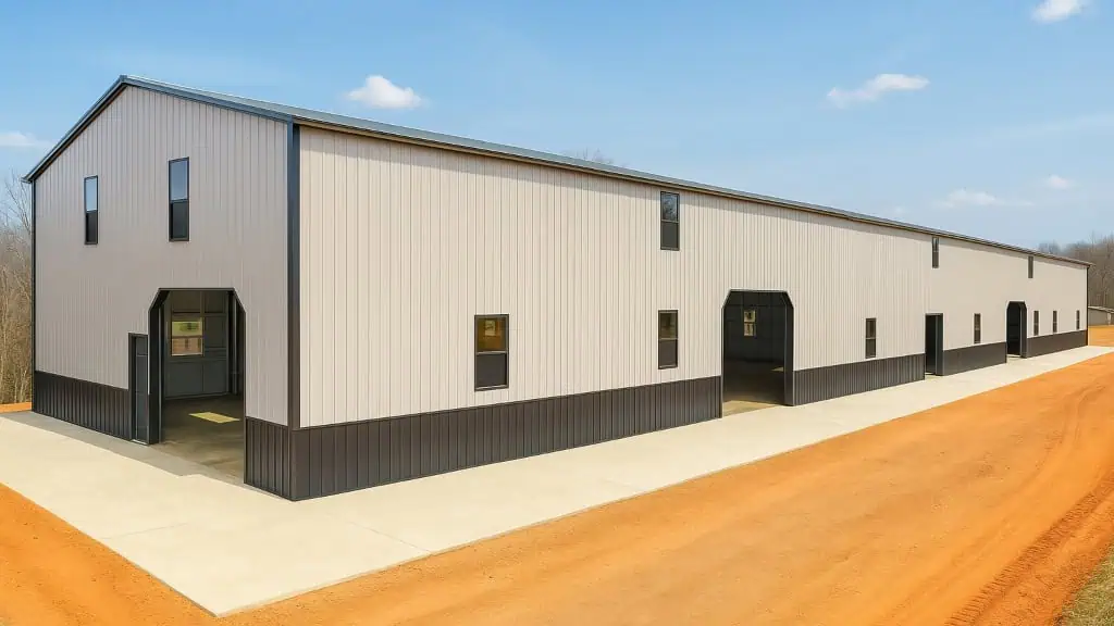 Metal warehouse with light gray walls, dark brown base, and open doors.