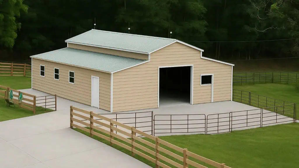 Tan barn with green roof and open entrance on a concrete pad, bordered by a wooden fence.
