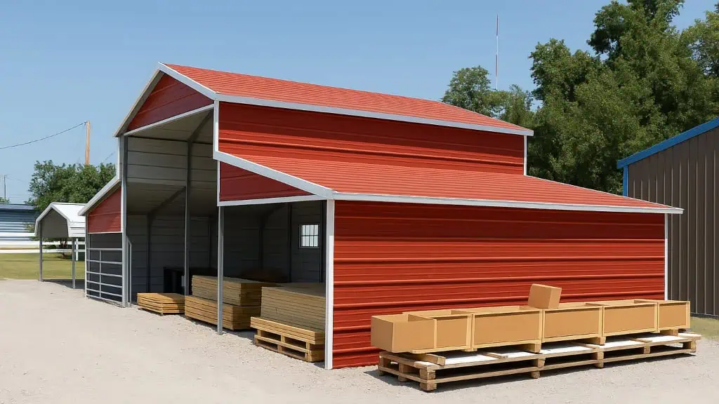 Red metal barn with open bays, storing wooden crates on pallets.