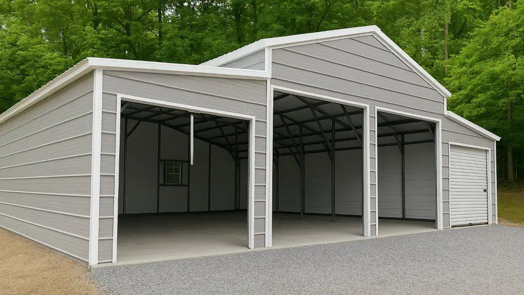 Gray metal garage with three bays, white trim, gravel driveway, trees in the background.