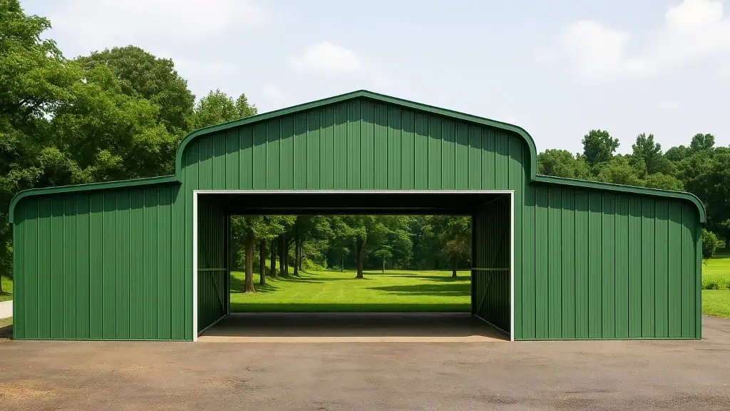 Green metal barn with open entrance, set in a grassy field with trees and blue sky.