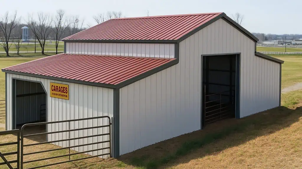 White barn with a red corrugated metal roof and open doors on a grassy lot.