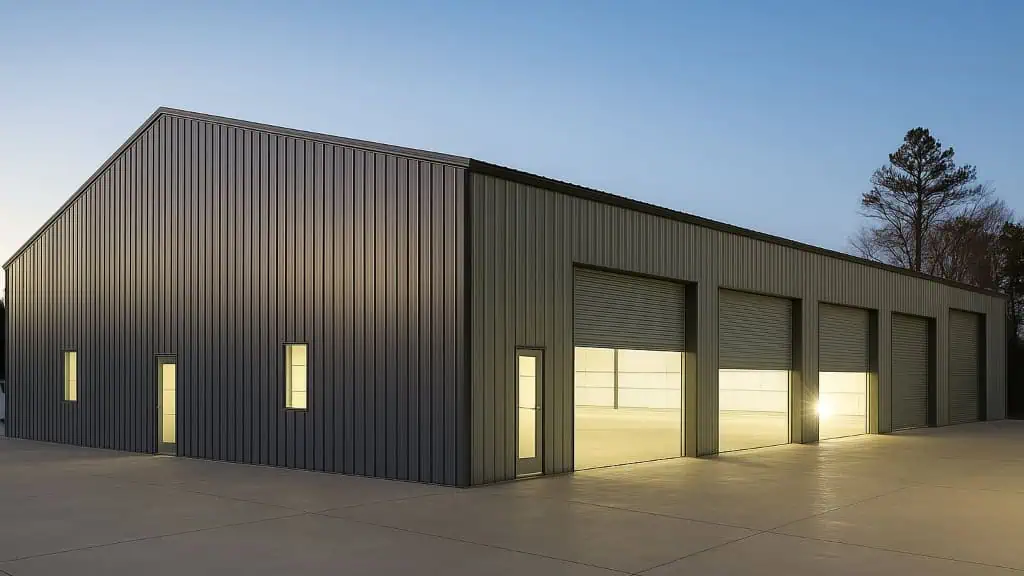 A large, modern metal building with garage doors, lit from within, dusk setting.