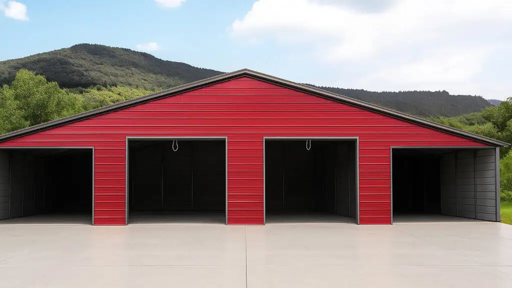 Red metal garage with three bays, set against a mountain backdrop.