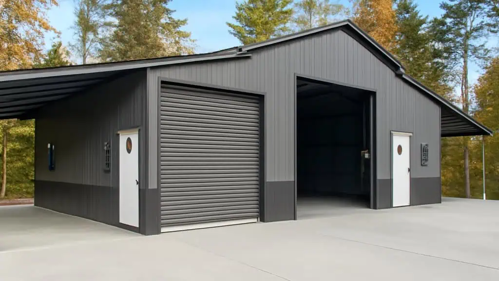 Gray metal garage with two bays and an open carport.