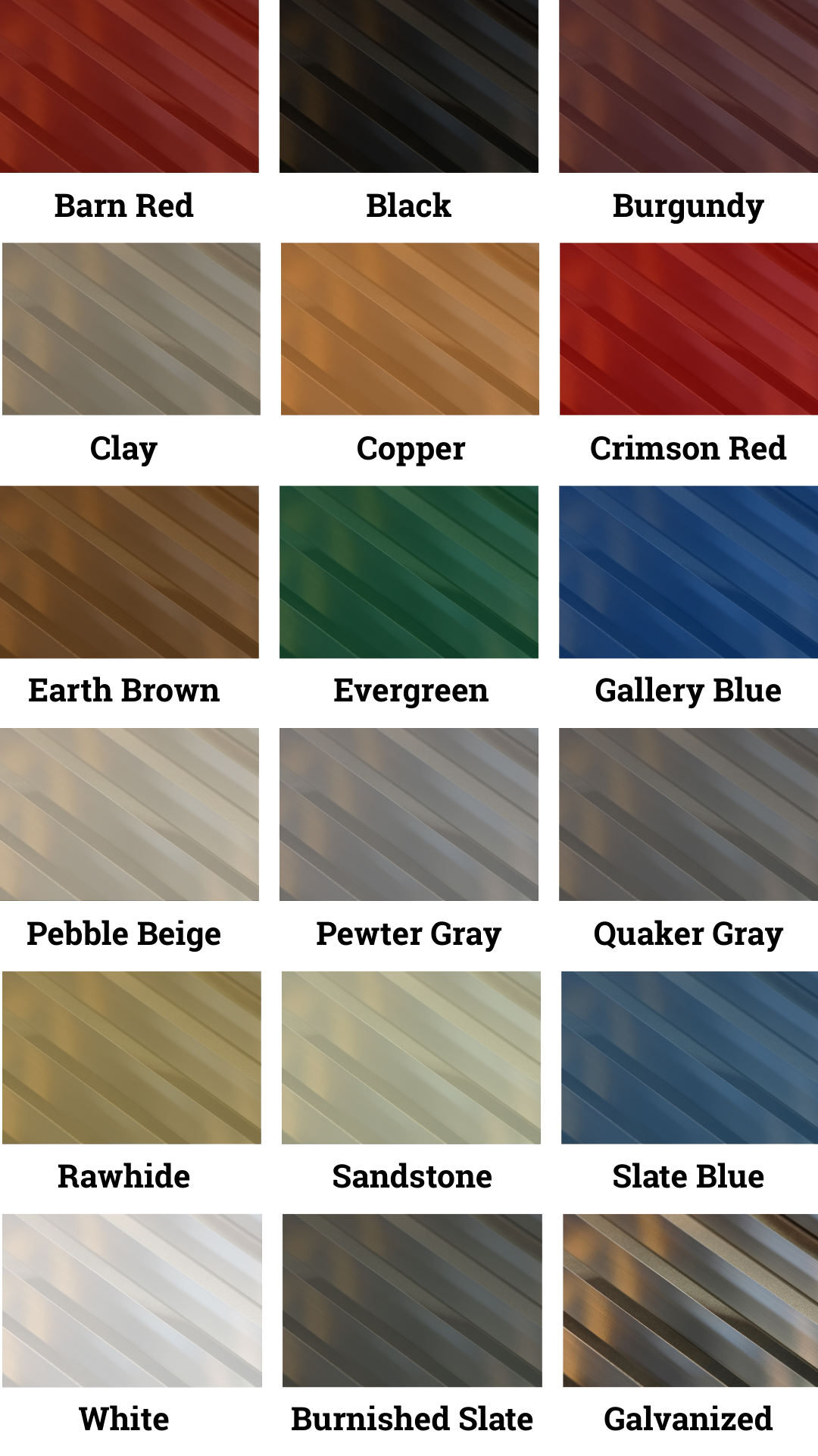 Color swatches for building materials, featuring hues like gray, red, brown, blue, and black.