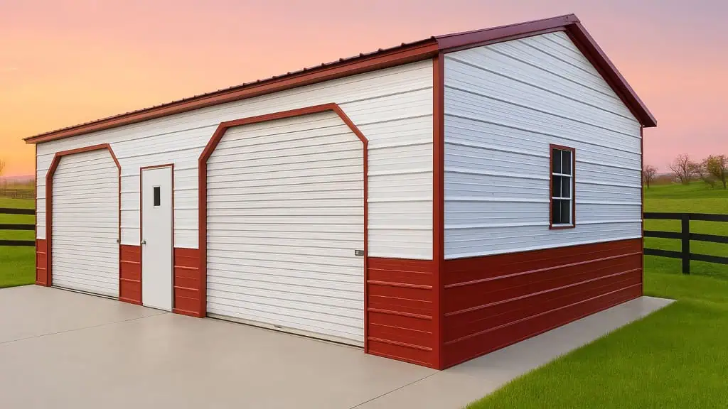 Two-car garage with red and white siding, red trim, and a concrete slab, set in a grassy area.