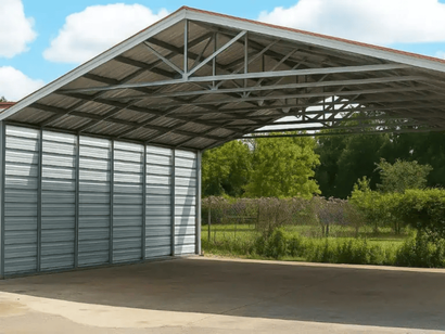 Metal carport with corrugated walls and roof, open on one side, on a sunny day.