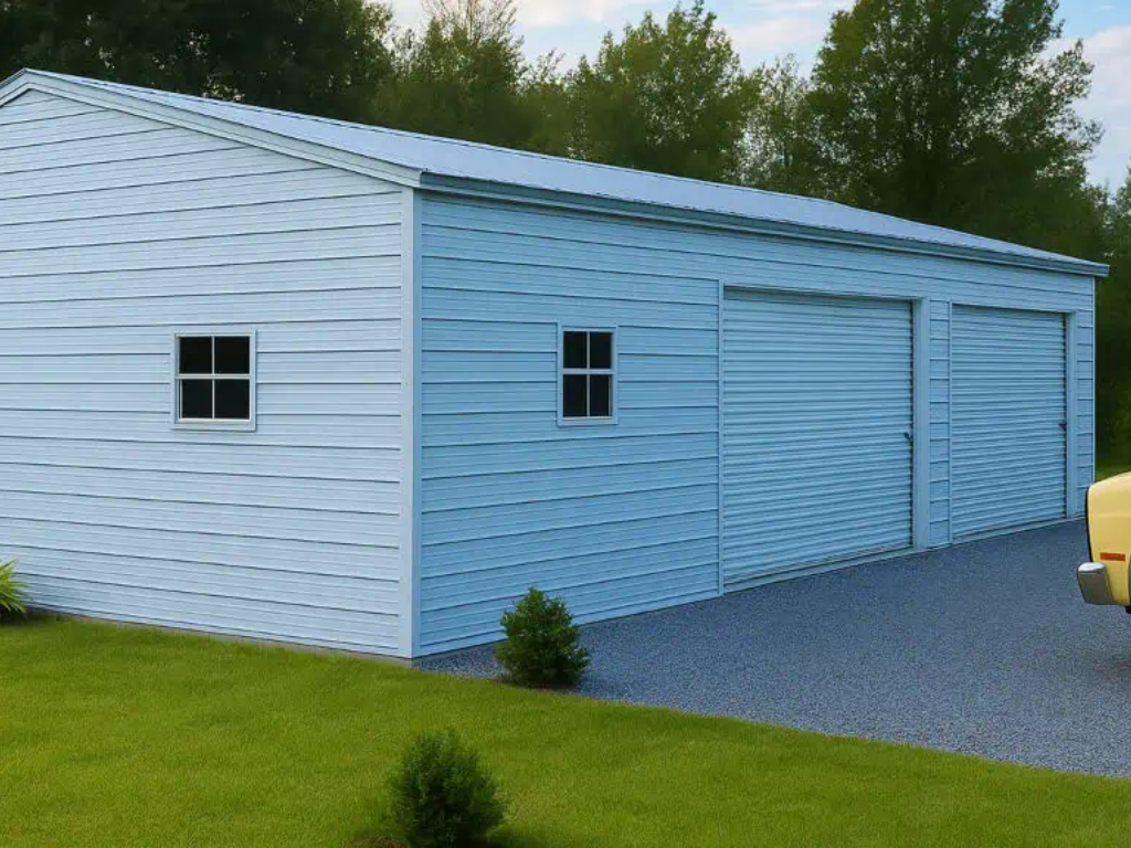 Light blue three-car garage with a gravel driveway, two windows, and a yellow car.