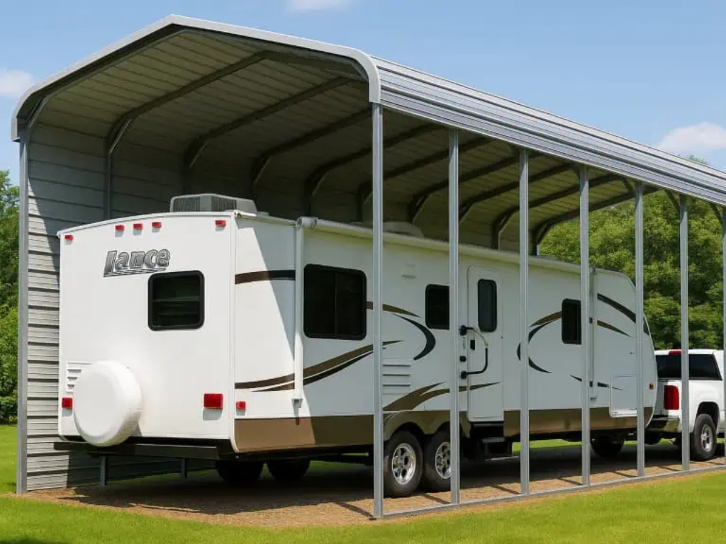 RV under a metal carport on green grass, sunny day.