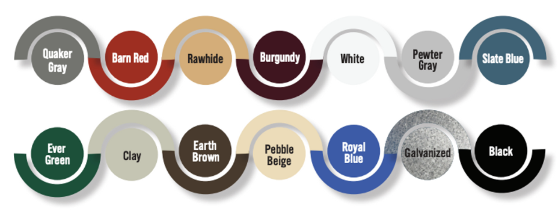 Color swatches for building materials, featuring hues like gray, red, brown, blue, and black.