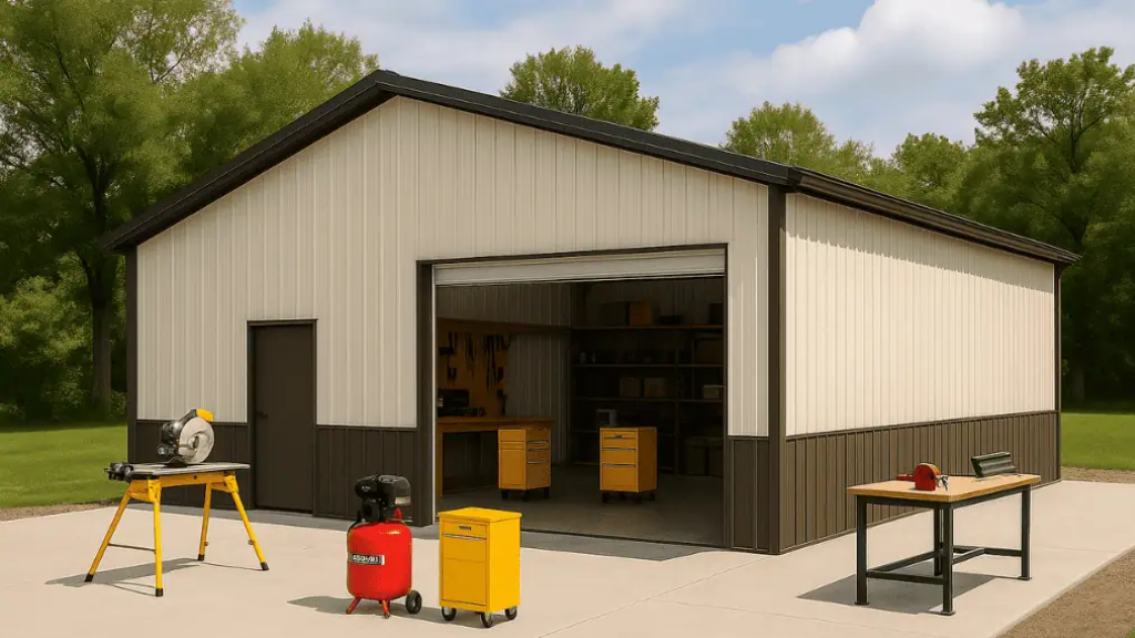 Gray metal garage with three bays, a side door, and small windows.