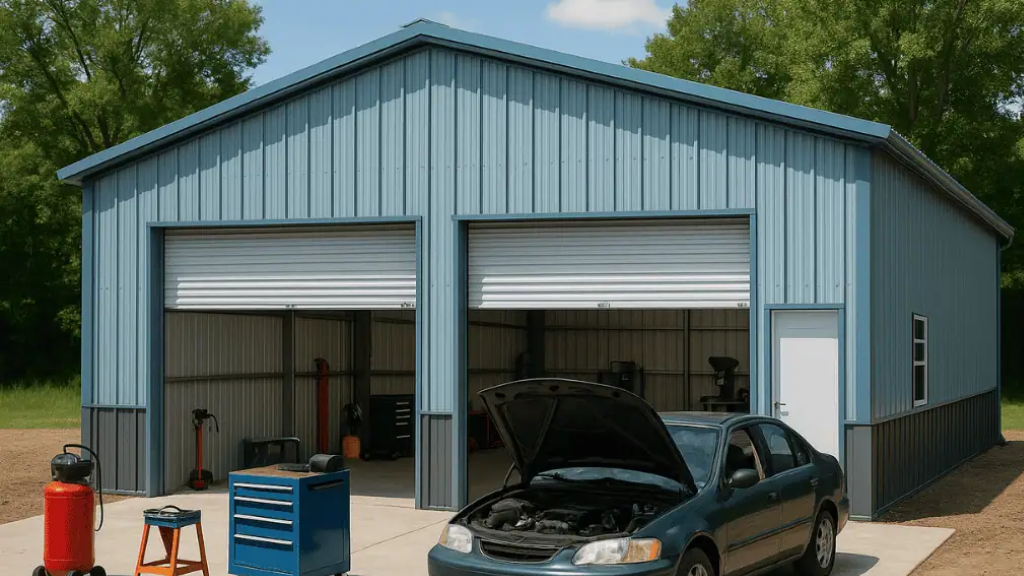 Gray metal garage with three bays, white trim, gravel driveway, trees in the background.