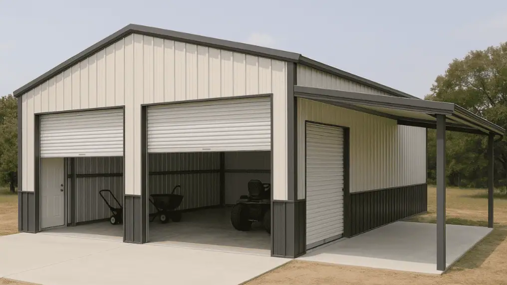 Red metal garage with two garage doors, a side door, and gravel driveway.