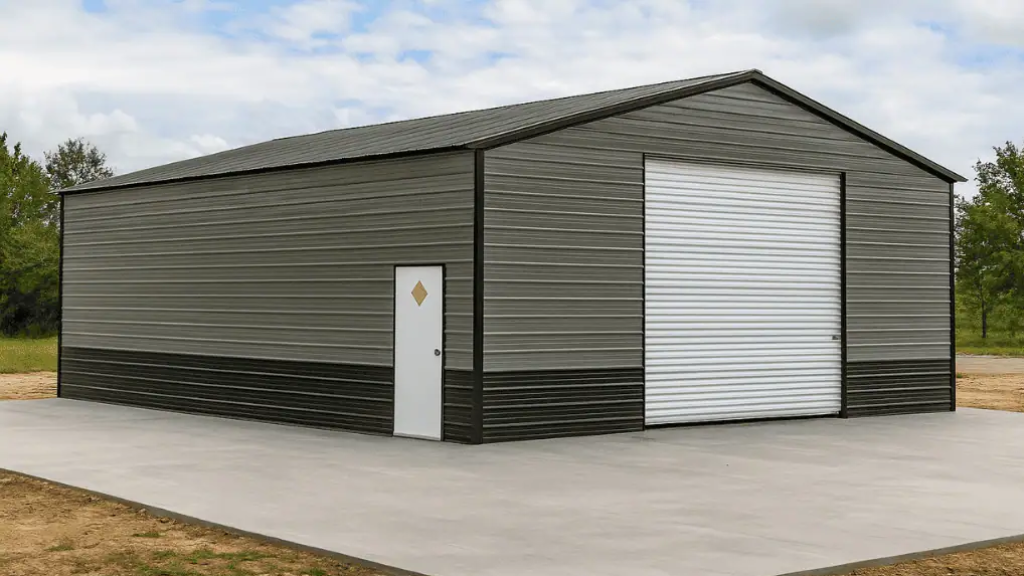 Black barn with three large doors, silver-covered awnings, and a gravel path in a grassy field.