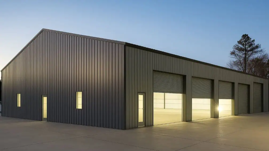 Gray metal building with brown trim and porch, windows, and open garage door.